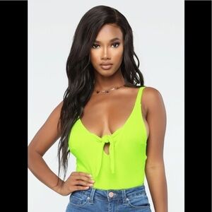 NEW Fashion Nova No Promises Bow Front Bodysuit Top Size S Lime Yellow.  New